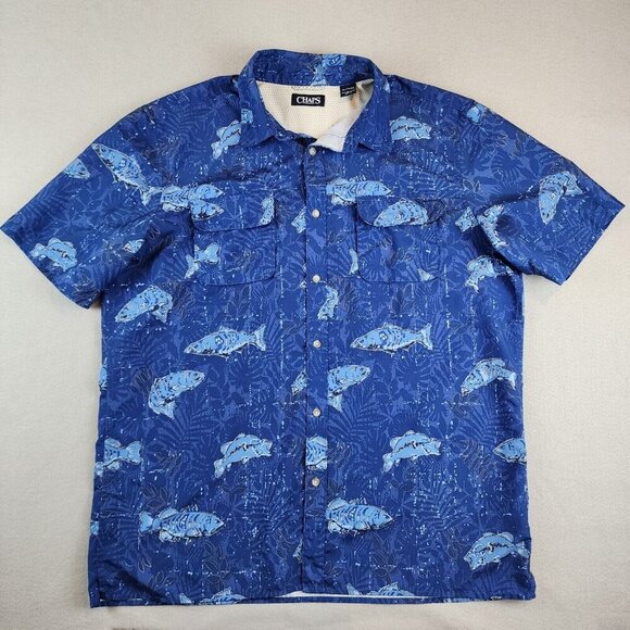 CHAPS x Ralph Lauren Mens‎ XL Camp Shirts Blue Fish Softshell Vent Button Up - Picture 2 of 10